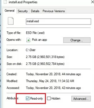 read only atttrib on install.esd file