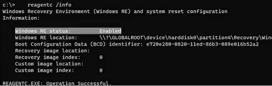 reagentc /info: check winre state in windows