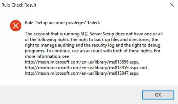 Rule “Setup account privileges” failed.