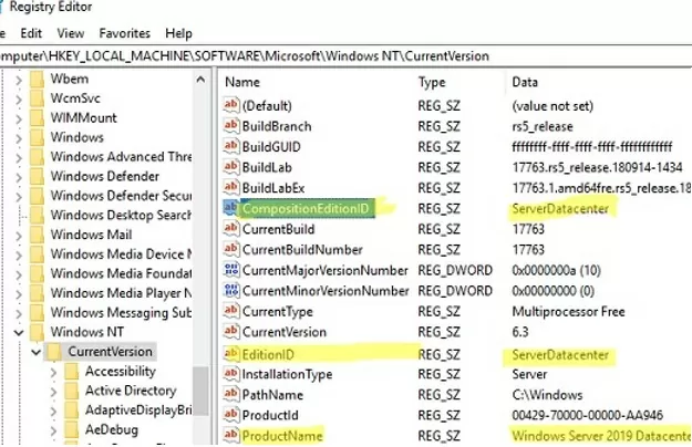 ServerDatacenter: view current edition registry registry