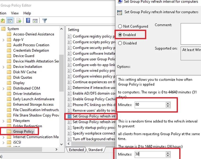 Set Group Policy refresh interval for computers - GPO parameter 