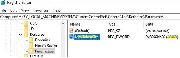 set kerberos maxtokensize in registry