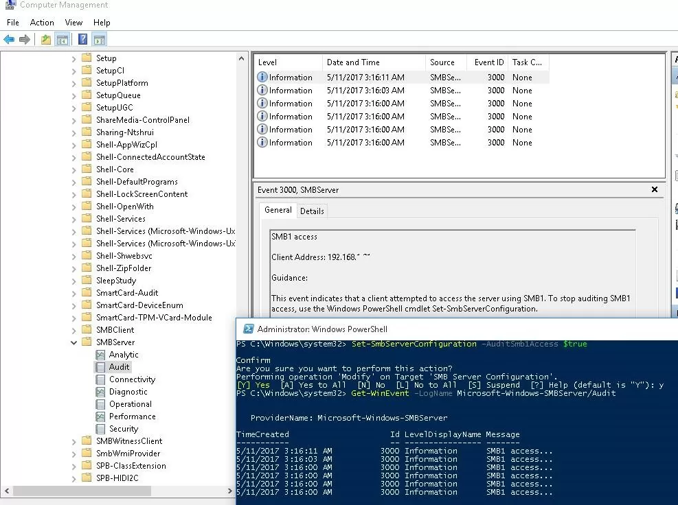 Set-SmbServerConfiguration - enable audit access via smb1