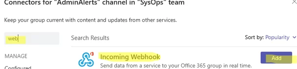 teams - adding webhook connector