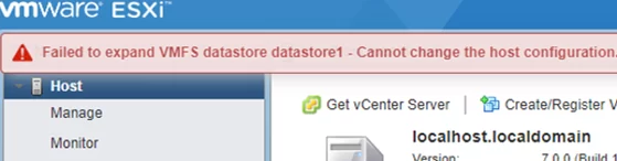 VMware error: Failed to expand VMFS datastore - Cannot change the host configuration