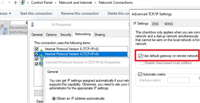 windows 10 - Use default gateway on remote network for VPN connection