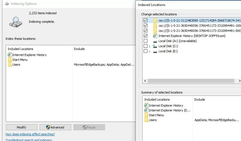 windows 10 set indexing locations
